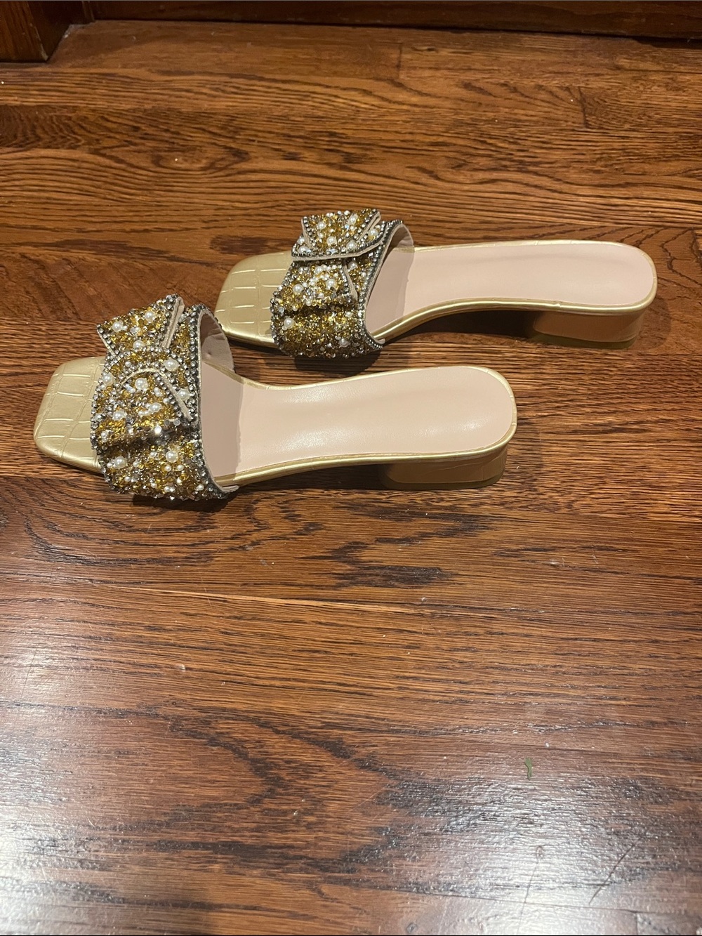 Embellished Gold Slide Sandals - Women